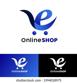 Online Shop Logo Design. With shopping cart and letter e icon. Suitable for Ecommerce, sale, or store web elements. Luxury, and premium blue logo