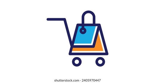 online shop logo design with shopping bag and trolley elements, minimalist lines.