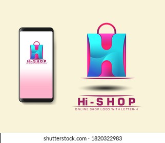 online shop logo design vector.3 D Letter H in Shopping bag.  store symbol icon signs