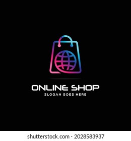 online shop logo design,globe and shopping bag logo concept,shopping logo,business logo,service,network technology icon emblems single in black background