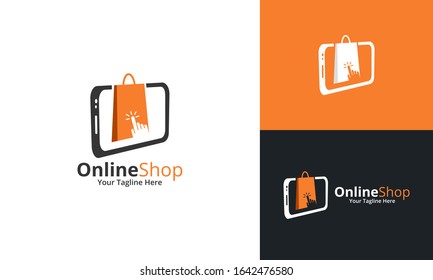 Online Shop Logo designs Template. Illustration vector graphic of  smart phone and shop bag combination logo design concept. Perfect for Ecommerce, sale, discount or store web element. Company emblem.