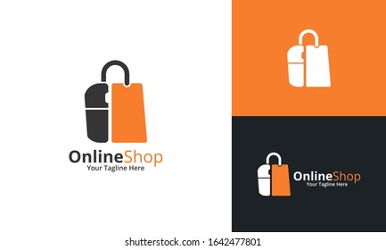 Online Shop Logo designs Template. Illustration vector graphic of  mouse and shop bag combination logo design concept. Perfect for Ecommerce, sale, discount or store web element. Company emblem.