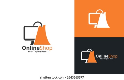 Online Shop Logo designs Template. Illustration vector graphic of computer  and shop bag combination logo design concept. Perfect for Ecommerce, sale, discount or store web element. Company emblem.