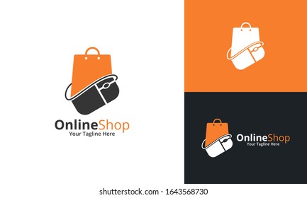 Online Shop Logo designs Template. Illustration vector graphic of  mouse and shop bag combination logo design concept. Perfect for Ecommerce,sale, discount or store web element. Company emblem.