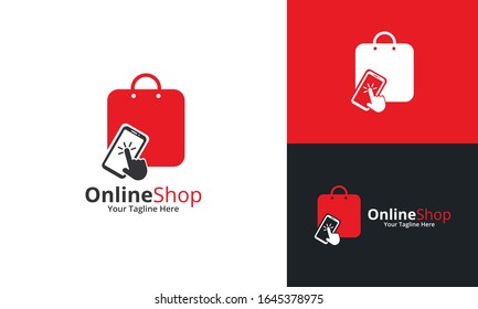 Online Shop Logo designs Template. Illustration vector graphic of  smartphone and shop bag combination logo design concept. Perfect for Ecommerce,sale, discount or store web element. Company emblem.