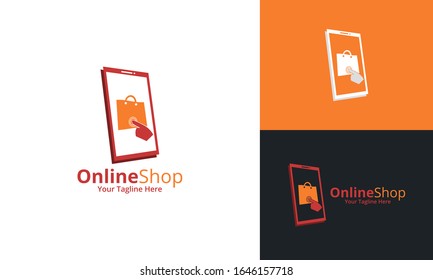 Online Shop Logo designs Template. Illustration vector graphic of  smartphone  and shop bag combination logo design concept. Perfect for Ecommerce,sale, discount or store web element. Company emblem.
