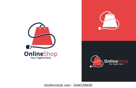 Plantilla de diseños de logotipos de tienda en línea. Ilustración vectorial gráfico del concepto de diseño combinado de ratón y bolsa de taller. Perfecto para comercio electrónico, venta, descuento o elemento web de tienda. Emblema de la empresa.