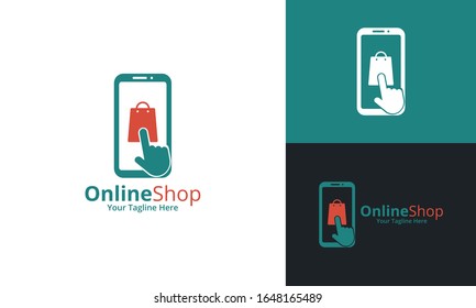 Online Shop Logo designs Template. Illustration vector graphic of  smartphone  and shop bag combination logo design concept. Perfect for Ecommerce,sale, discount or store web element. Company emblem.