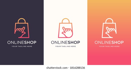Plantilla de diseños de logotipos para tiendas en línea. cursor combinado con bolsa.