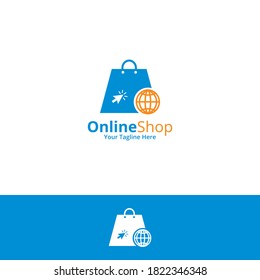 Online Shop Logo designs Template. Illustration vector graphic of shop bag and world icon combination logo design concept. Perfect for Ecommerce,sale, discount or store web element. Company emblem.