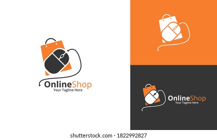 Plantilla de diseños de logotipos para tiendas en línea. Ilustración vectorial gráfico del concepto de diseño del logotipo combinado de la bolsa de taller y el icono del ratón. Perfecto para Ecommerce, venta, descuento o elemento web de tienda. Emblema de la empresa.