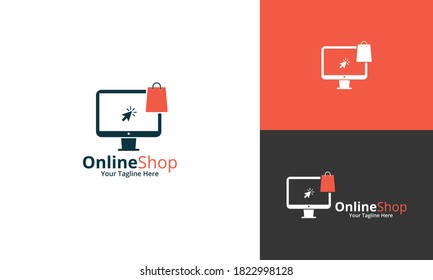 Online Shop Logo designs Template. Illustration vector graphic of shop bag and computer icon combination logo design concept. Perfect for Ecommerce,sale, discount or store web element. Company emblem.