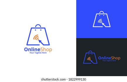Online Shop Logo designs Template. Illustration vector graphic of shop bag and cursor icon combination logo design concept. Perfect for Ecommerce,sale, discount or store web element. Company emblem.