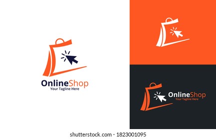 Plantilla de diseños de logotipos para tiendas en línea. Ilustración vectorial gráfico del concepto de diseño del logotipo combinado de la bolsa de taller y del icono del cursor. Perfecto para Ecommerce, venta, descuento o elemento web de tienda. Emblema de la empresa.