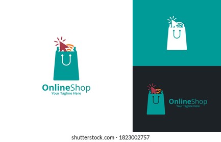 Online Shop Logo designs Template. Illustration vector graphic of shop bag and cursor icon combination logo design concept. Perfect for Ecommerce,sale, discount or store web element. Company emblem.