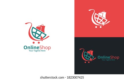 Plantilla de diseños de logotipos para tiendas en línea. Ilustración vectorial gráfico del concepto de diseño del logotipo combinado de carrito de la compra y bolsa de la tienda. Perfecto para Ecommerce, venta, descuento o elemento web de tienda. Emblema de la empresa