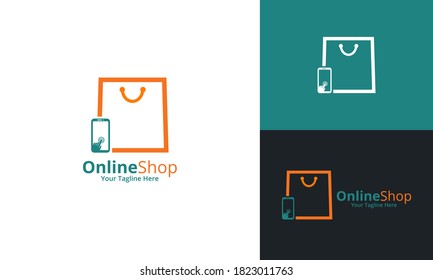 Online Shop Logo designs Template. Illustration vector graphic of shop bag and smartphone combination logo design concept. Perfect for Ecommerce,sale, discount or store web element. Company emblem.