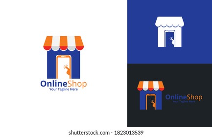Online Shop Logo designs Template. Illustration vector graphic of Franchise and smartphone combination logo design concept. Perfect for Ecommerce,sale, discount or store web element. Company emblem.
