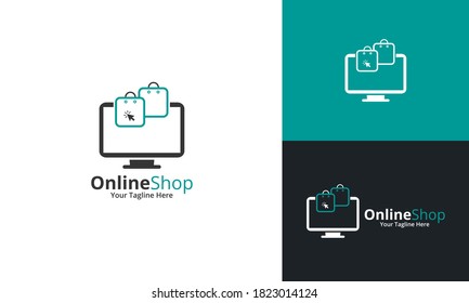 Plantilla de diseños de logotipos para tiendas en línea. Ilustración vectorial gráfico del concepto de diseño de la bolsa de compra y el logotipo combinado de computadora. Perfecto para Ecommerce, venta, descuento o elemento web de tienda. Emblema de la empresa.