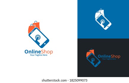 Online Shop Logo designs Template. Illustration vector graphic of shop bag and smartphone combination logo design concept. Perfect for Ecommerce,sale, discount or store web element. Company emblem.