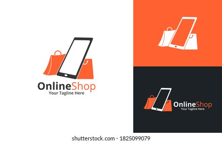 Online Shop Logo designs Template. Illustration vector graphic of shop bag and smartphone combination logo design concept. Perfect for Ecommerce,sale, discount or store web element. Company emblem.