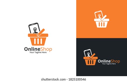 Online Shop Logo designs Template. Illustration vector graphic of shopping basket  and smartphone combination logo design concept. Perfect for Ecommerce,sale, discount or store web element. 