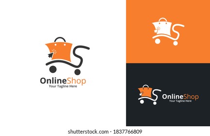 Plantilla de diseños de logotipos para tiendas en línea. Ilustración vectorial gráfico del concepto de diseño del logotipo combinado de carrito de la compra y bolsa de la tienda. Perfecto para Ecommerce, venta, descuento o elemento web de tienda.