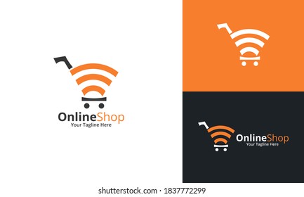 Online Shop Logo designs Template. Illustration vector graphic of shopping cart, and wifi icon combination logo design concept. Perfect for Ecommerce, sale, discount or store web element.