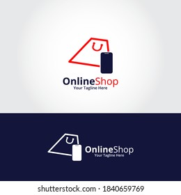 Plantilla de diseños de logotipos para tiendas en línea. Ilustración vectorial gráfico del concepto de diseño del logo de la combinación de smartphones y bolsas de compras. Perfecto para Ecommerce, venta, descuento o elemento web de tienda.