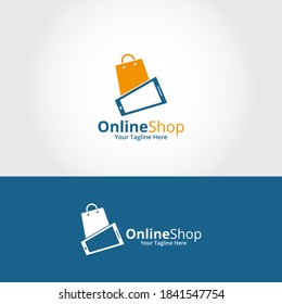 Online Shop Logo designs Template. Illustration vector graphic of  smartphone and shop bag combination logo design concept. Perfect for Ecommerce, sale, discount or store web element.