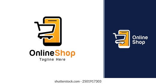 Online Shop Logo designs Template. Illustration vector graphic of shop trolley and smartphone combination logo design concept.