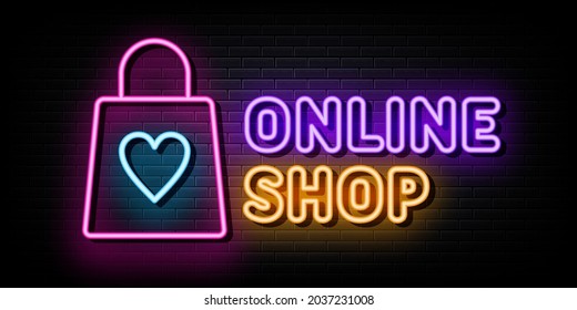 Online Shop Logo Neon Signs Vector. 