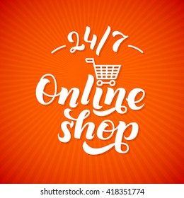 Online Shop Logo. Shop print on a T-shirt, Shop label,  Shop Stamp,  Shop lettering, Calligraphy Shop, Shop Icon, Shop Vector illustration