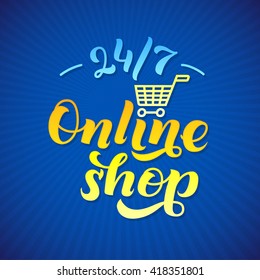 Online Shop Logo. Shop print on a T-shirt, Shop label,  Shop Stamp,  Blue Shop lettering, Calligraphy Shop, Shop Icon, Shop Vector illustration