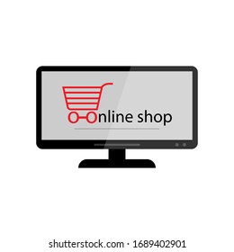 Online shop logo. Vector icon on screen .Internet shop
