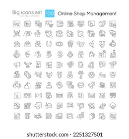 Online shop management linear icons set. Ecommerce. Digital marketing. Customizable thin line symbols. Isolated vector outline illustrations. Editable stroke. Quicksand-Light font used