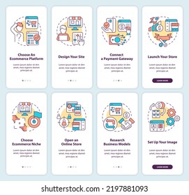 Online shop management onboarding mobile app screen set. Startup walkthrough 4 steps editable graphic instructions with linear concepts. UI, UX, GUI template. Myriad Pro-Bold, Regular fonts used