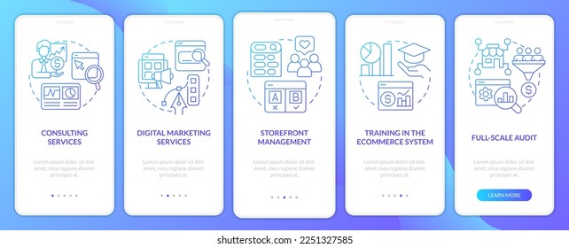 Online shop management services blue gradient onboarding mobile app screen. Walkthrough 5 steps graphic instructions with linear concepts. UI, UX, GUI template. Myriad Pro-Bold, Regular fonts used