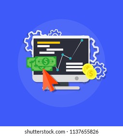 Online shop marketing vector. Computer store business technology smart commerce concept icon. Card payment purchase symbol. Banking retail money illustration. Flat communication web order delivery.