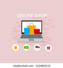 Online Shop Marketplace with Laptop.On line store. Sale, Laptop and smart phone with awning