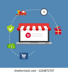 Online Shop Marketplace with Laptop.On line store. Sale, Laptop and smart phone with awning
