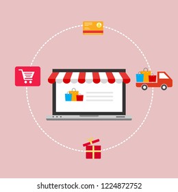 Online Shop Marketplace with Laptop.On line store. Sale, Laptop and smart phone with awning