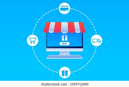 online shop marketplace with personal computer storefront e-commerce vector design illustration