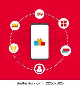 Online Shop Marketplace with smartphone.On line store. Sale, Laptop and smart phone with awning