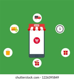 Online Shop Marketplace with smartphone.On line store. Sale, Laptop and smart phone with awning