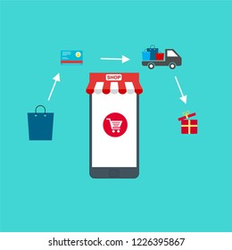 Online Shop Marketplace with smartphone.On line store. Sale, Laptop and smart phone with awning