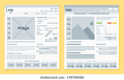 Online Shop or Marketplace UI UX User Interface and User Experience Concept Sketch with Web Wireframe Design.