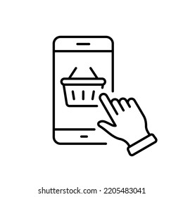 Online Shop in Mobile App Line Icon. Sale Basket and Cellphone Linear Pictogram. Smartphone and Shopping Cart Outline Icon. Digital Shop in Smart Phone. Editable Stroke. Isolated Vector Illustration.