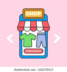 online shop mobile app poster logo vector illustration. smartphone with awning roof store and fashion product icon design