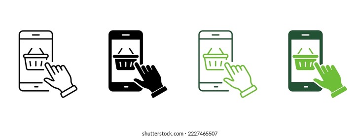 Online Shop in Mobile App Silhouette and Line Icon. Sale Basket and Cellphone Pictogram. Smartphone and Shopping Cart Icon. Digital Shop in Smart Phone. Editable Stroke. Isolated Vector Illustration.